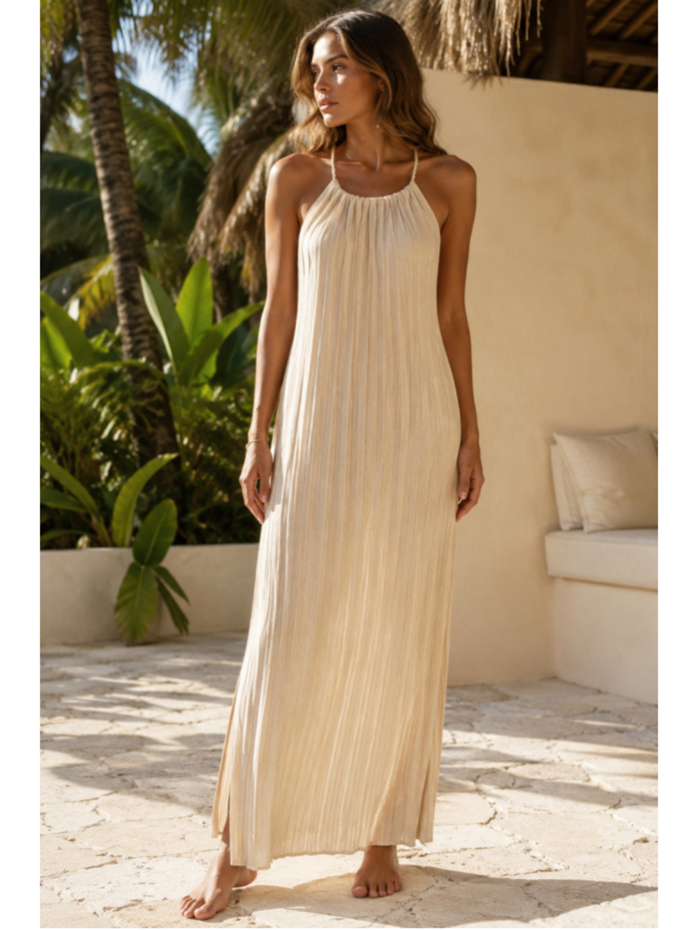 ME+EM Striped Towelling Midi Dress Cream Rope Halter Open Back Resort NWT US 8